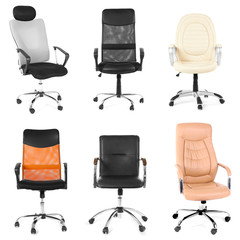 Collage of different office chairs on white background.
