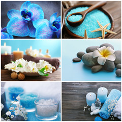 Collage of beautiful spa compositions. SPA treatment concept.