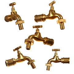Collage of water faucets on white background.