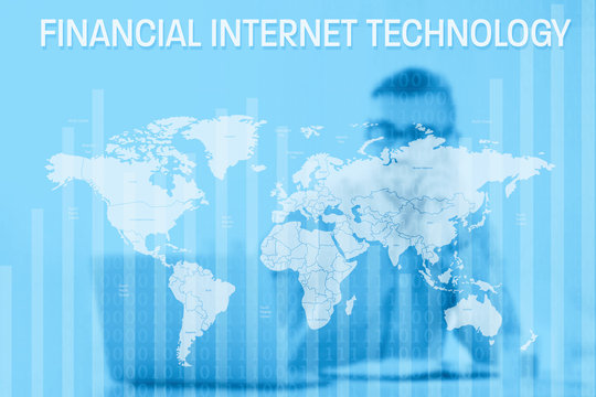 Financial internet technology concept. World map on blurred office workplace background.