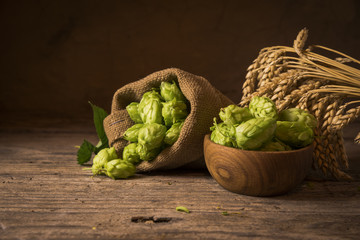 Beer brewing ingredients Hop in bag and wheat ears on wooden cracked old table. Beer brewery concept. Hop cones and wheat closeup. Sack of hops and sheaf of wheat on vintage background.