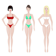 Beautiful women in swimsuits set. Attractive girls in summer bikini, posing models with different hair, faces. Vector flat style illustration