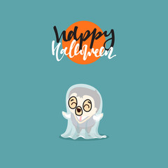Funny cartoon schoolboy character and ghosts. Doodle cute characters for holiday happy Halloween. Children and mythical creatures. Icon Isolated vector illustration