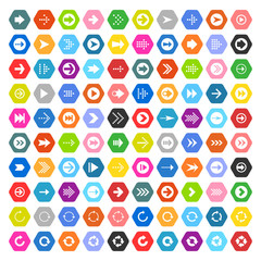 Arrow sign icon set on hexagon shapes