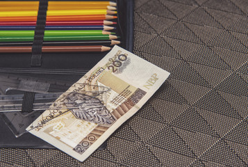 expensive school theme, pencil case with Polish money