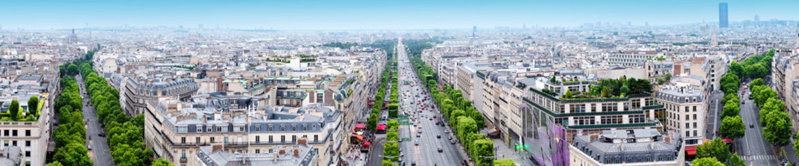 Paris aerial view from Triumphal Arch on Champs Elysees. Panorama.