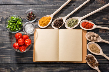 spices and open book of recipes on a dark wooden background, top