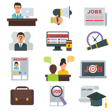 Vector job search icon set computer office concept. Human recruitment employment work job search icons team meeting manager. Job search icons interview employee resources career strategy set.