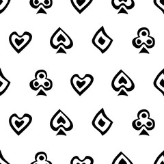 Seamless vector pattern with icons of playings cards. Background with black and white hand drawn symbols. Decorative repeating ornament. Series of Gaming and Gambling Seamless Patterns.
