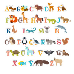 Cute zoo alphabet with animals in cartoon style