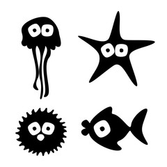 Vector black and white set of hand drawn fish, starfish, jellyfish and octopus, isolated on the white background