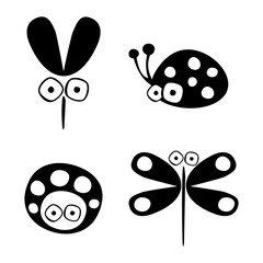 Vector black and white set of hand drawn ladybug, mosquito, and dragonfly, isolated on the white background