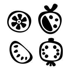 Vector black and white set of hand drawn lime, strawberry, pomegranate and watermelon,, isolated on the white background