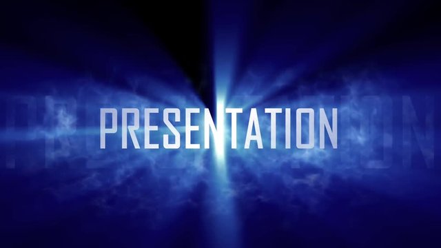 Presentation title, intro. 10 seconds loopable intro with cloud of smoke and rays of light. Light rays pass through the word "presentation" and smoke. Black background and blue rays of light.