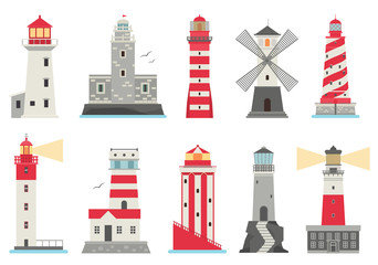 Vector set of cartoon flat lighthouses.