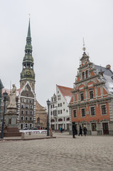 City Hall Square with House of the Blackheads and Saint Peter church in Old Town of Riga, Latvia