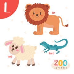 Letter L. Cute animals. Funny cartoon animals in vector. ABC boo