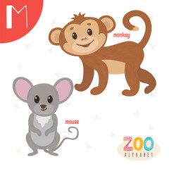 Letter M. Cute animals. Funny cartoon animals in vector. ABC boo