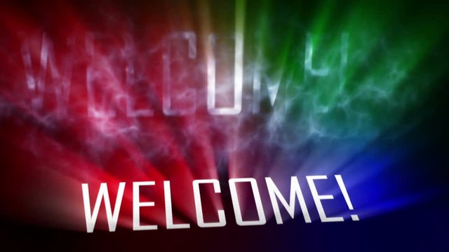 Welcome title, intro. 10 seconds loopable intro with cloud of smoke and rays of light. Light rays pass through the word "Welcome" and smoke. Black background and blue rays of light.