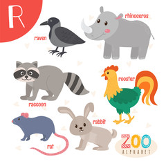 Letter R. Cute animals. Funny cartoon animals in vector. ABC boo