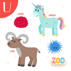 Letter U. Cute animals. Funny cartoon animals in vector. ABC boo