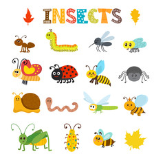 Vector set of cartoon insects. Colorful bugs collection