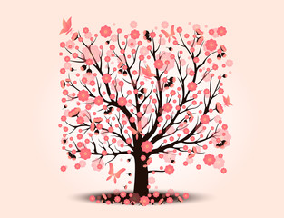 Fototapeta na wymiar Decorative beautiful cherry blossom with background tree