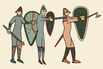Hand drawn illustration of Norman soldiers around the time of the invasion of England in 1066. 