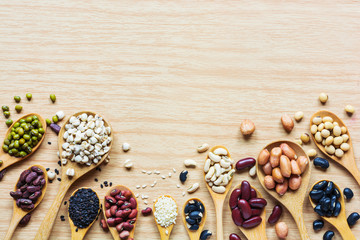 Group of colorful various beans or lentils and whole grains seed