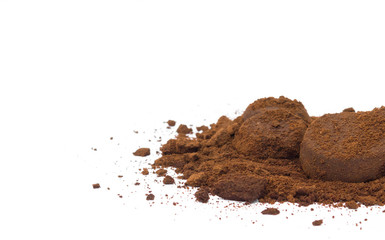 Closeup of coffee ground on white background, Healthy care and skin care concept