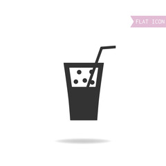 Glass of drink, cocktail with straw. Black flat icon isolated