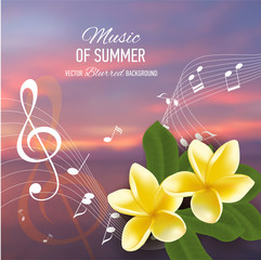 Summer music party template with realistic frangipani, notes and key. Vector illustration.