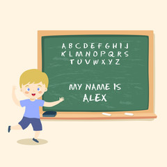 Vector illustration of a boy writing alphabet and his name with chalk on school blackboard. 