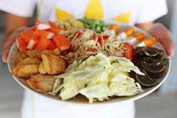 Papaya salad in tray, Thai food