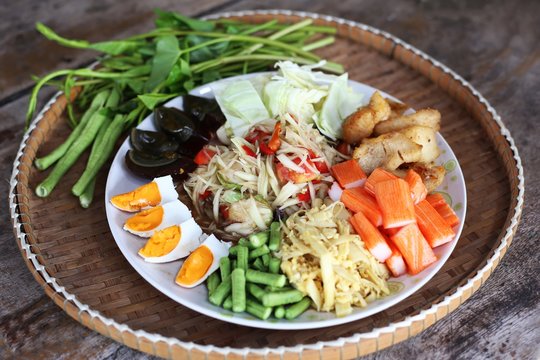 Papaya salad in tray, Thai food