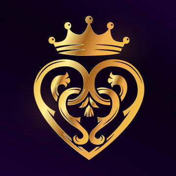 Golden Luckenbooth Brooch Vector Design Element. Vintage Scottish Heart Shape With Crown And Thistle Symbol Logo Concept. Valentine Day Or Wedding Illustration On Dark Background