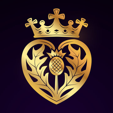 Luckenbooth Brooch Vector Design Element. Vintage Scottish Heart Shape With Crown Symbol Logo Concept. Valentine Day Or Wedding Illustration On Dark Background