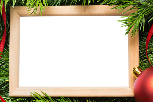 Christmas decoration. Empty photo frame with copy space