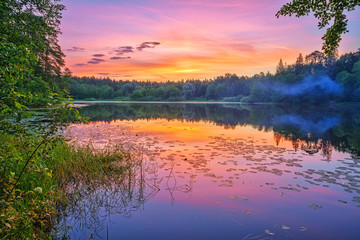 Fototapeta na wymiar Foggy sunrise over forest lake
