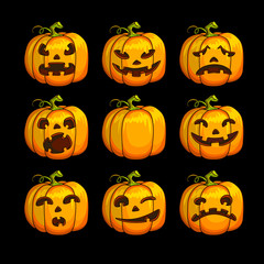 Halloween scary pumpkins set of different characters.