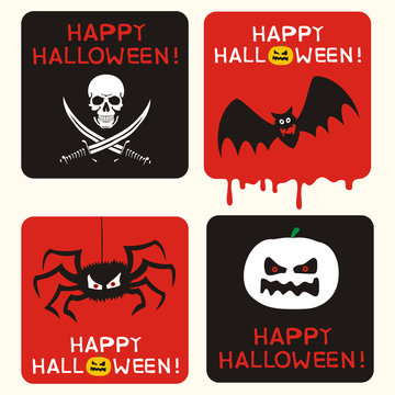 Happy halloween. Set vector halloween posters with skull, pumpkin, spider and bat. Happy helloween cards