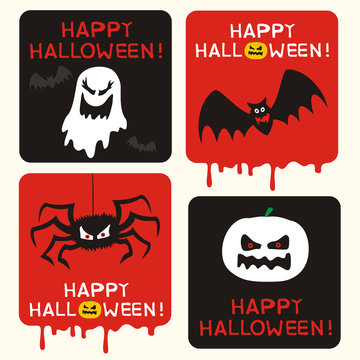 Happy halloween. Set vector halloween posters with ghost, pumpkin, spider and bat. Happy helloween cards
