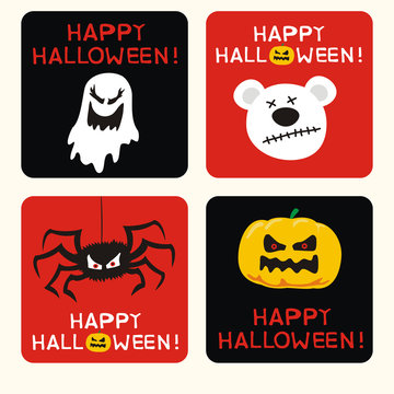 Happy halloween. Set vector halloween posters with ghost, pumpkin, spider. Happy helloween cards