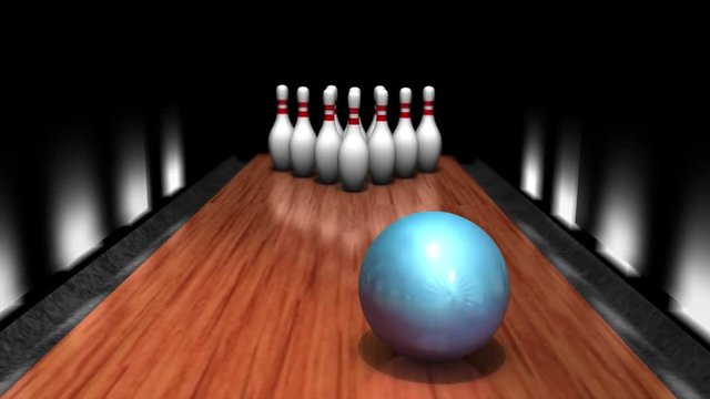 Computer generated, Bowling ball strike POV animation.	