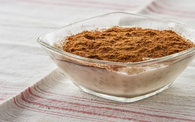 Creamy rice pudding sprinkled with cinnamon