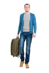 back view of walking  man  with suitcase.  brunette guy in motion. backside view of person.  Rear view people collection. Isolated over white background. young man goes to side of a rolling travel bag