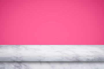 Empty top of marble table on pink gradient wall background.