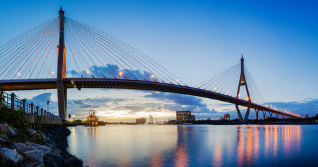 Fototapeta na wymiar PANORAMA of bridge crosses the Chao Phraya River, Bhumibol Bridg