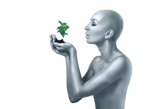 cyber alian woman in the image of land holding plant  on white background