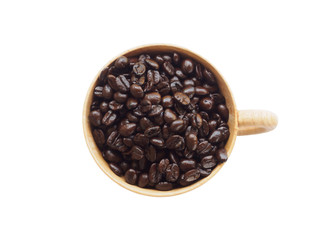 Fototapeta premium Top view of seed coffee in wooden cup